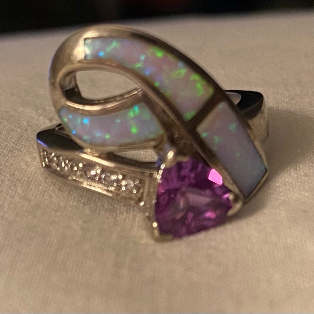 Sterling Silver Opal & Atmethyst Ring with CZs